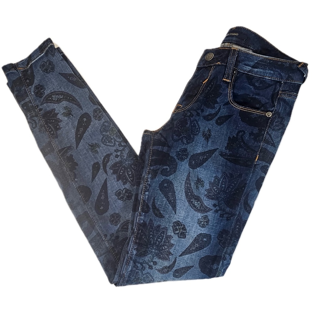 Vigoss Studio Floral Print Jeans Womens 26 Blue Denim Paisley Design Boho Skinny